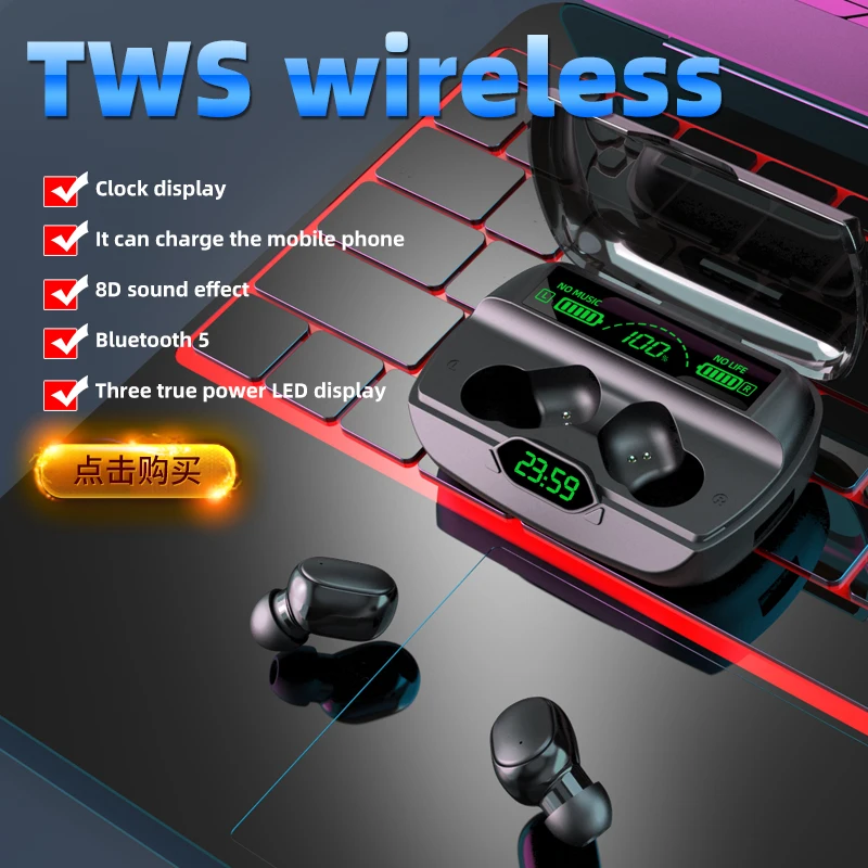 2021 Wireless Headphones D18 Earphones Bluetooth 5.0 TWS Earbuds Stereo Handsfree Headset with Microphone LED Display Power BanK |