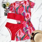 Слитный купальник-тройка, бикини, новый купальник, Женский раздельный купальник, однотонный купальник-бикини, купальник, пляжная одежда