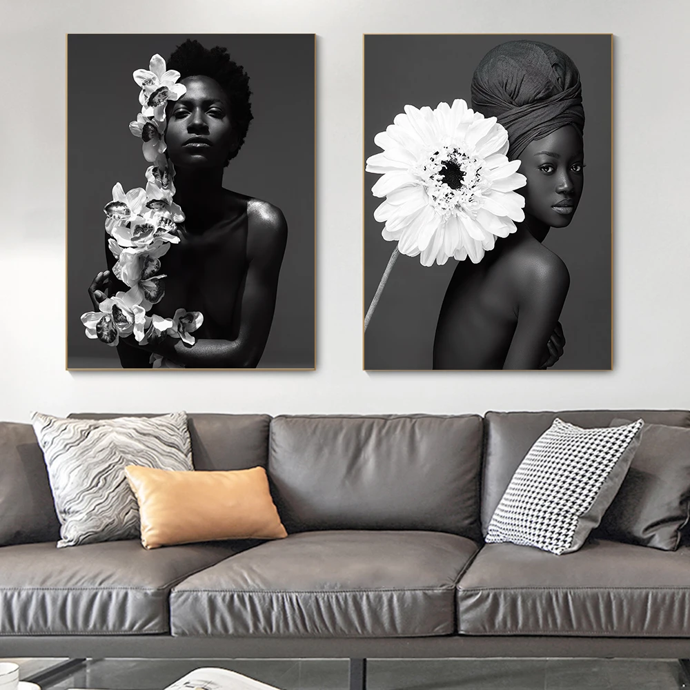 

African Black Woman Flower Canvas Oil Painting Art Cuadros Posters and Prints Wall Art Sexy Girls Picture for Room Home Decor