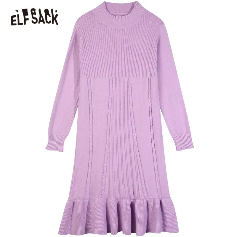 

ELFSACK Solid Pure Casual Knit Ruffle Dresses Women,2020 Winter ELF Vintage Full Sleeve Korean Ladies Basic Daily Dress