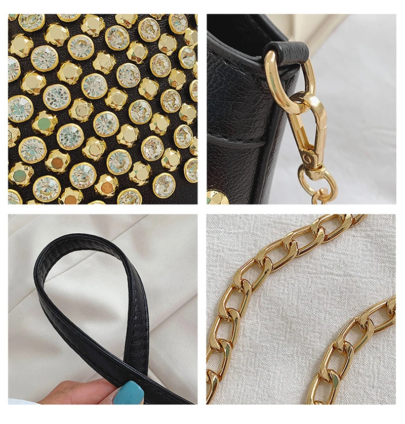 

Fashion Black Small Round Shoulder Handbag Bling Diamonds Women Clutch Rivet Girls Leather Party Purse Evening Messenger Bags