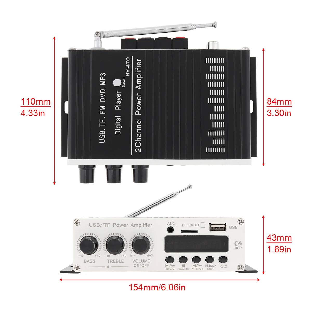 Автомобильный усилитель мощности 470BT 2CH Hi-Fi FM-радио SD USB DVD MP3 AUX | Автомобили и
