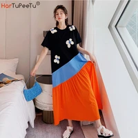 casual t shirt dress cotton women maxi vestido mujer patchwork colours block 2022 summer loose floral print homewear