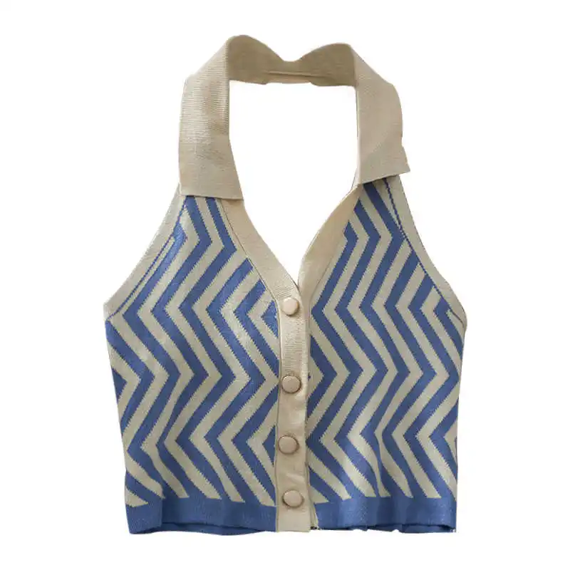 

2021 Summer Scheming Beauty Back Halter Lapel Breasted Knitted Vest Women's New Striped Short Style Slim Top Fashion