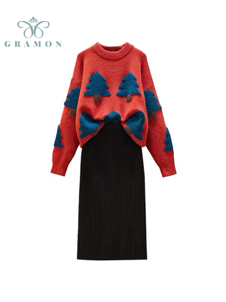 

Long Skirts Suits 2021 Autumn Conjunto Knitted Sweaters + Black Midi Jupes Korean Fashion Women Winter Oversized Two Piece Sets