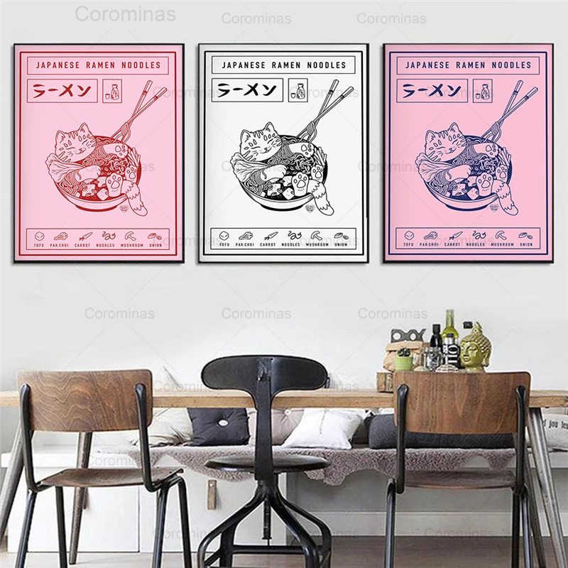 

Japanese Poster Ramen Cartoon Cat Animals Canvas Art Painting Kitchen Decoration Wall Picture Noodles Food Print Kids Room Decor