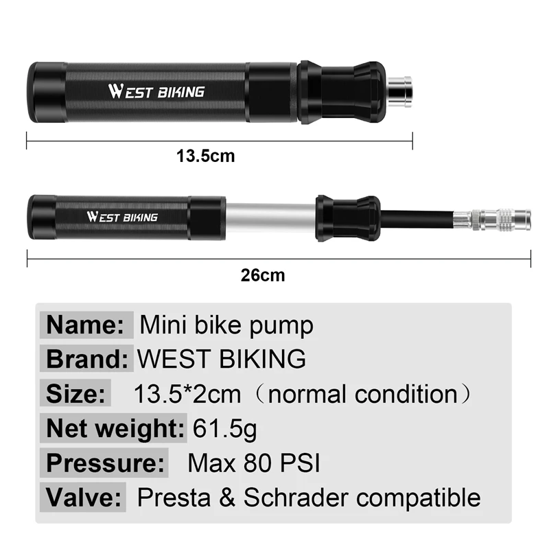 

Bike Pump Mini Air Pump for Bicycle WEST BIKING Portable Inflator 80PSI MTB Mountain Road Tire Inflator Air Pump for Bike Tyres