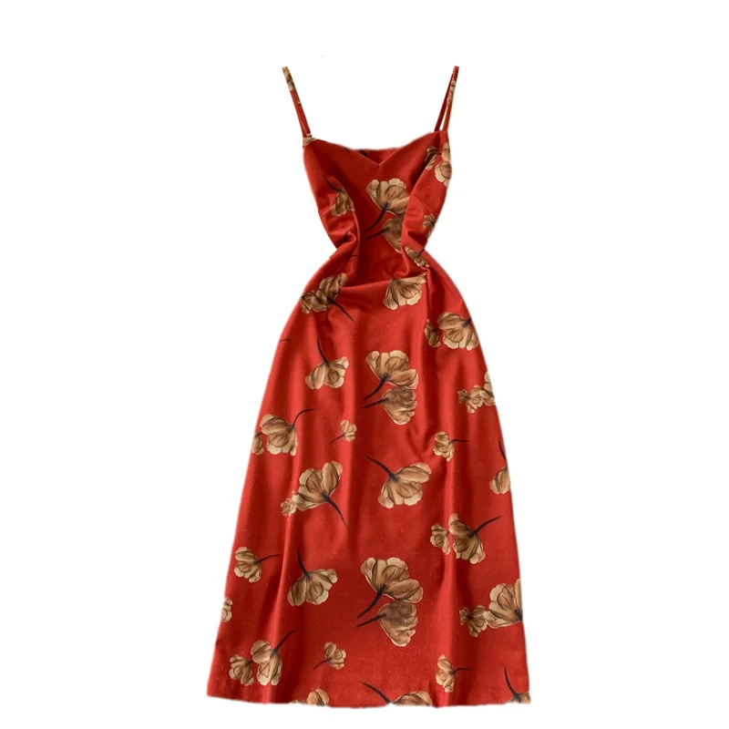 

Holiday Backless Seaside Beach Dress Women's Sleeveless Print Slip Dress Ladies Summer Red Camisole Spaghetti Strap Dresses