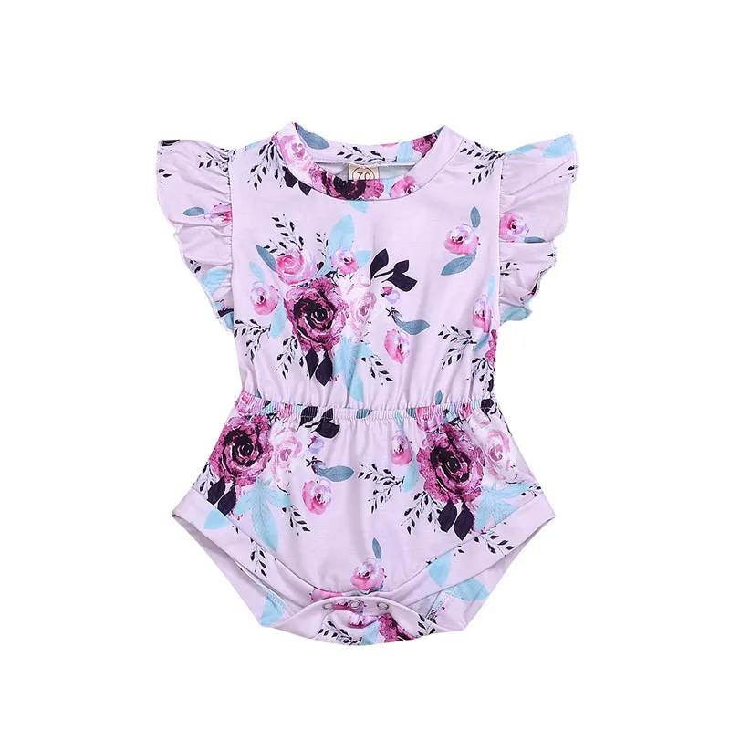 

Комбинезон с цветочным принтом для новорожденных; Комбинезон с рукавами-крылышками и круглым вырезом с эластичной резинкой на талии (фиоле...