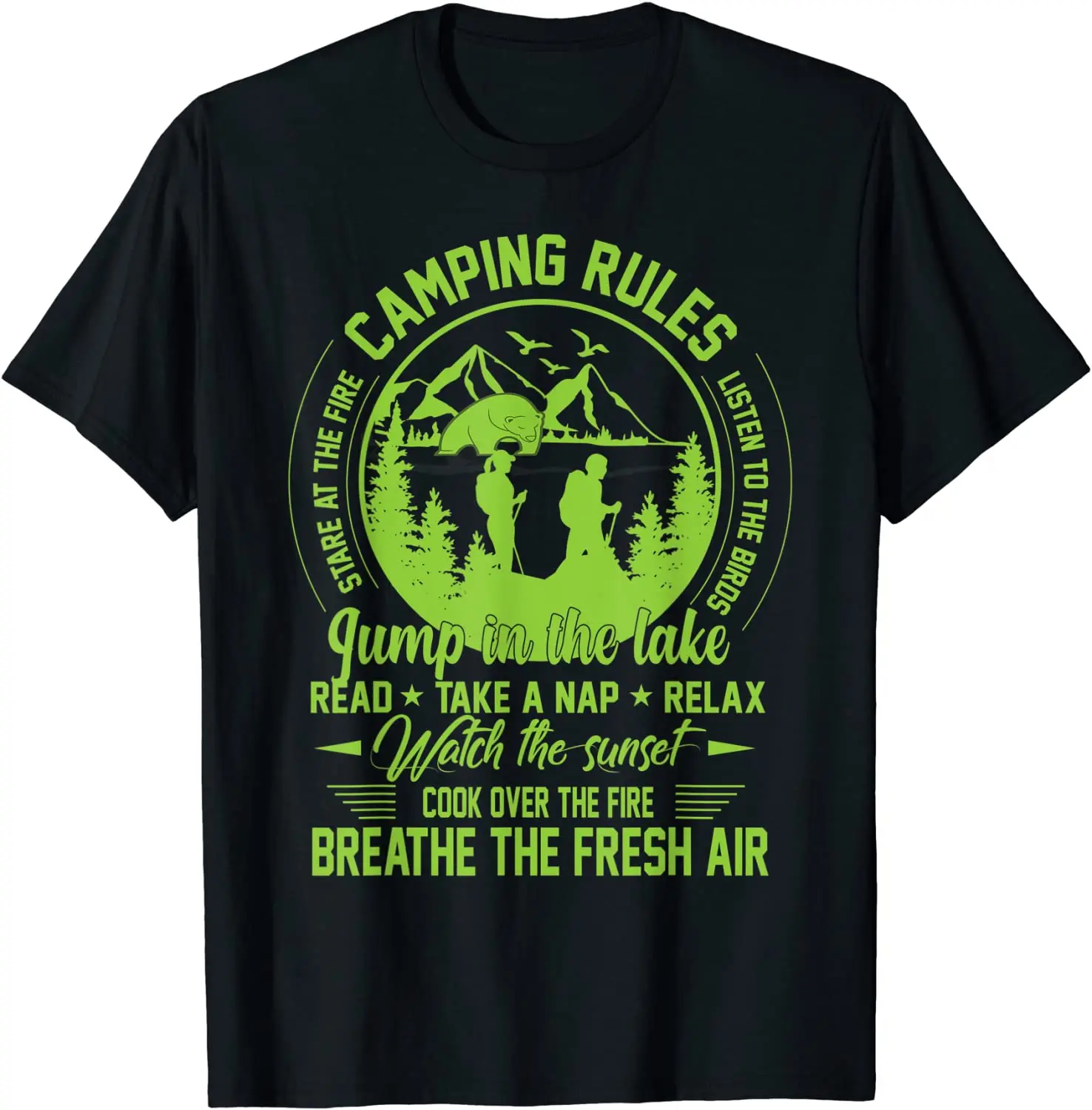 

Funny Camper Gift Camping Rules Green T-Shirt