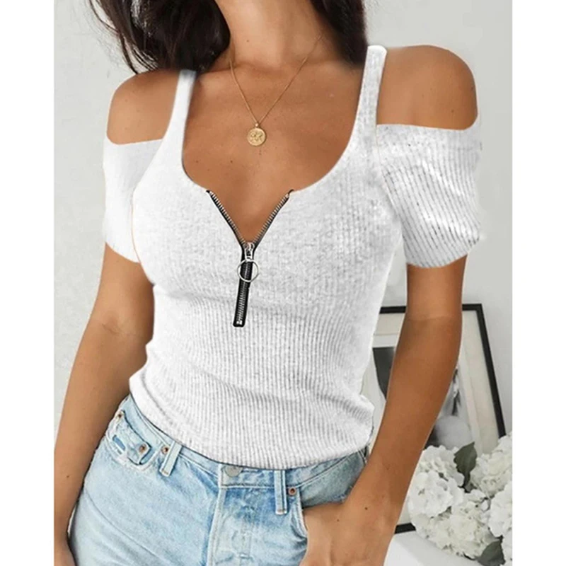 

Женские рубашки на молнии, летний однотонный пуловер, Модный женский элегантный пуловер с вырезами, топ с открытыми плечами и V-образным выр...