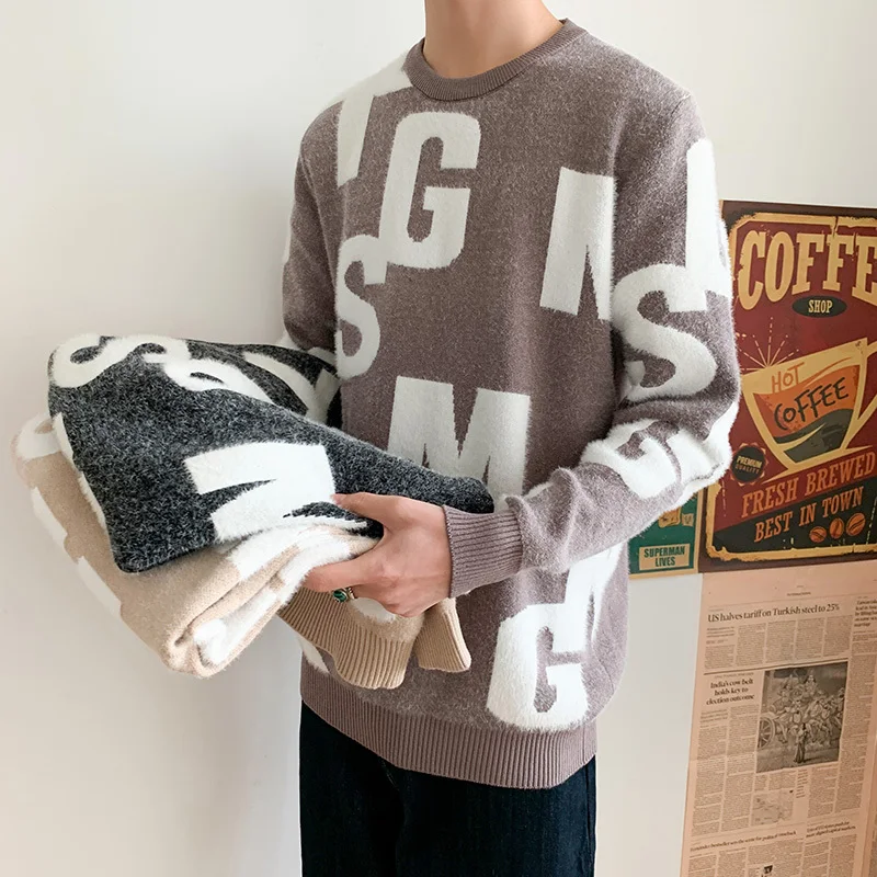 Зимний свитер мужской теплый Модный повседневный вязаный пуловер с буквенным