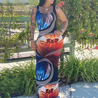 blue geometric print women dress sleeveless 2020 summer tank dresses african boho beach tunic maxi long vestidos