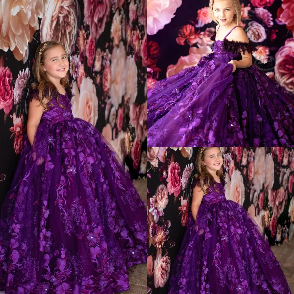 

2021 Purple Girl's Pageant Dresses Lace Appliques Beaded Girls Birthday Party Gowns Custom Made Flower Girl Dress