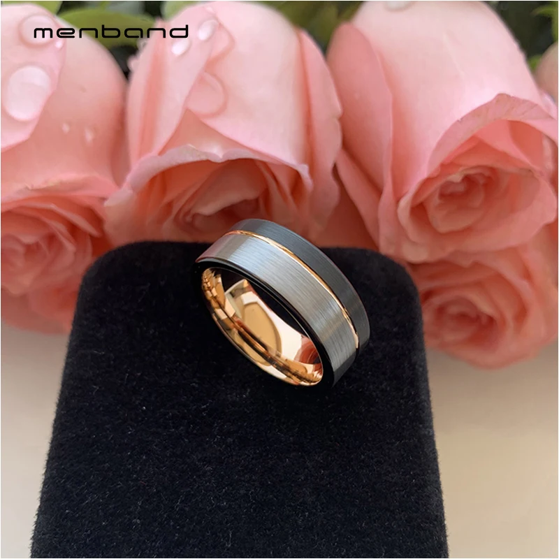 Black Rose Gold Tungsten Engagement Rings for Men Women Offset Grooved And Brushed Finish 8MM Comfort Fit | Украшения и