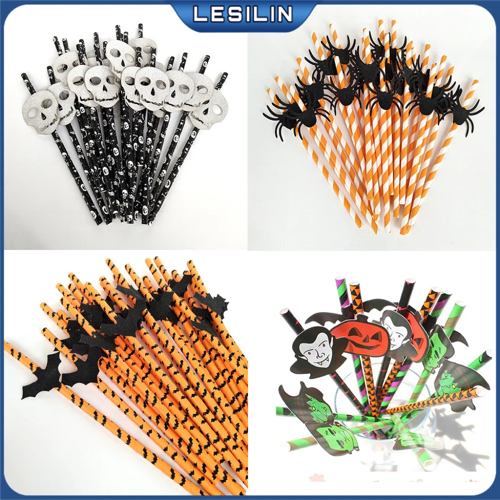 

50pcs Halloween Disposable Party Straws Bat Skull Drinking Straws Holiday Bar Home Party Halloween Decoration