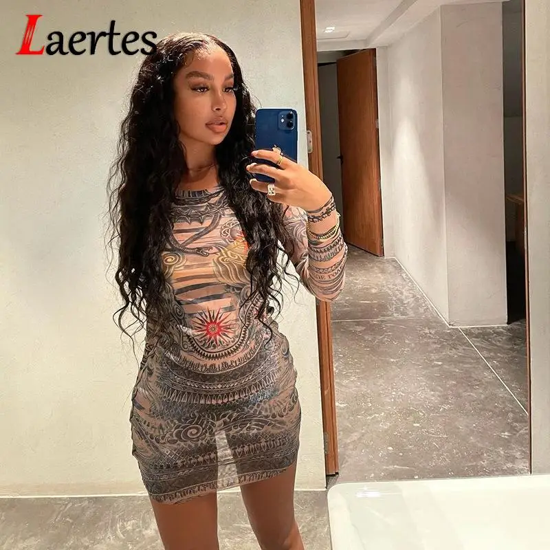 

Laertes Сетчатое мини-платье с принтом сексуальные прозрачные Клубные наряды для женщин осень 2021 Клубная одежда Женская вечевечерние НКА
