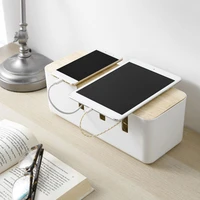 white cable storage box power strip wire charger socket network line creative desktop finishing case with wooden cover