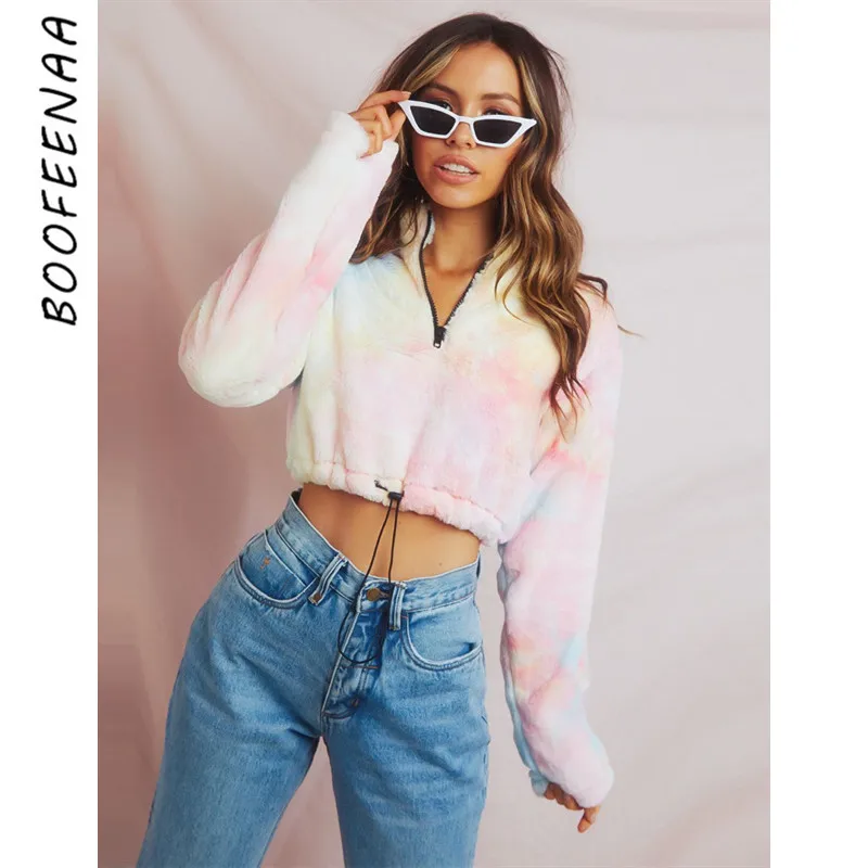 BOOFEENAA галстук краситель печати пушистый худи укороченный уличная осенне-зимняя