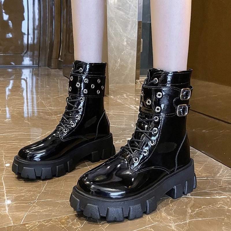 

Winter Women Punk Mid-calf Motorcycles Boots Platform Wedge Heel Round Toe Buckle Strap Decoration Fashion Ladies Shoes Female