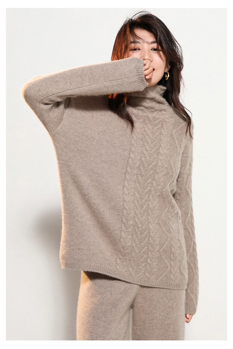 Luxury two pieces 50% cashmere+ 30% wool suits female high collar warm mink cashmere Knit tops+ wide leg wool pant sets F788