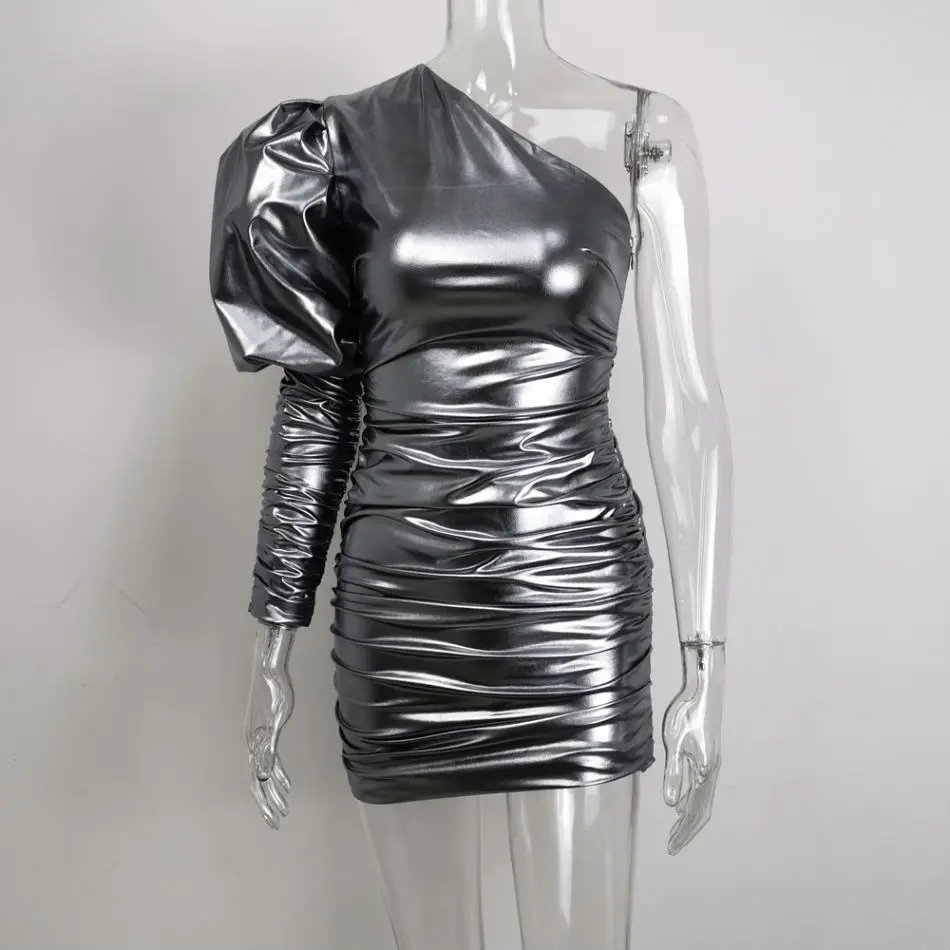 

Hot Style Elegant Women Off-shoulder Bubble Sleeve Solid Color Slim Bandage Bodycon Mimidress for Party and Club