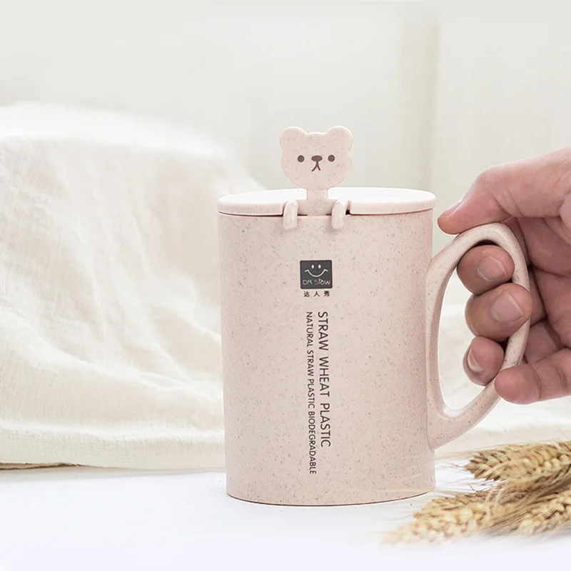 Пластиковая кружка из пшеничной соломы для мужчин и женщин Милая с ложкой ручкой