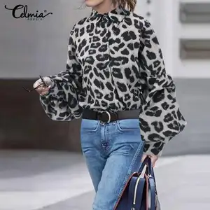 Женские блузки в горошек Celmia, повседневные однотонные вечерние рубашки в стиле ретро с рукавами-фонариками и пуговицами, блузки размера плюс 5XL и 7 в Корейском стиле