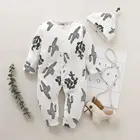 Одежда для малышей из 2 предметов комбинезон для новорожденных мальчиков и девочек с рисунком кактуса и шапочкой, комбинезон с длинными рукавами, хлопковый комплект одежды