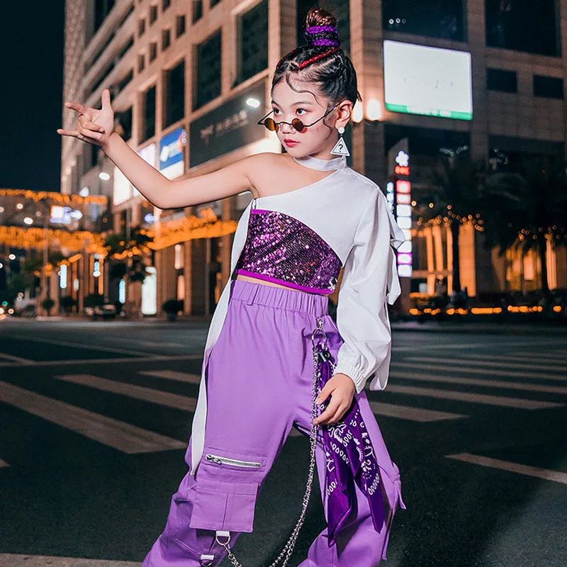 

Костюмы для джазовых танцев для девочек, Белый Топ, фиолетовые брюки, жилет с блестками, одежда для тренировок по уличному танцу, одежда для ...