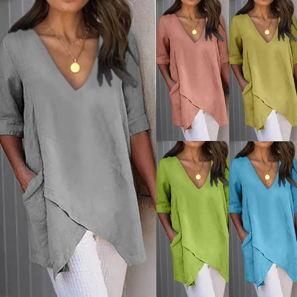 

2020 New Tshirt Women Casual Solid Irregular V-Neck Short Sleeve Pockets Oversized T-shirt Tops Camiseta Mujer Harajuku T Shirt