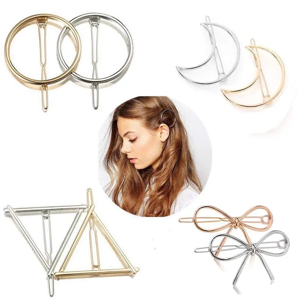 

2Pcs Fashion Hollow Geometric Hair Clip for Women Elegant Triangular Moon Star Circle Metal Barrette Hairpin Head Accessorie