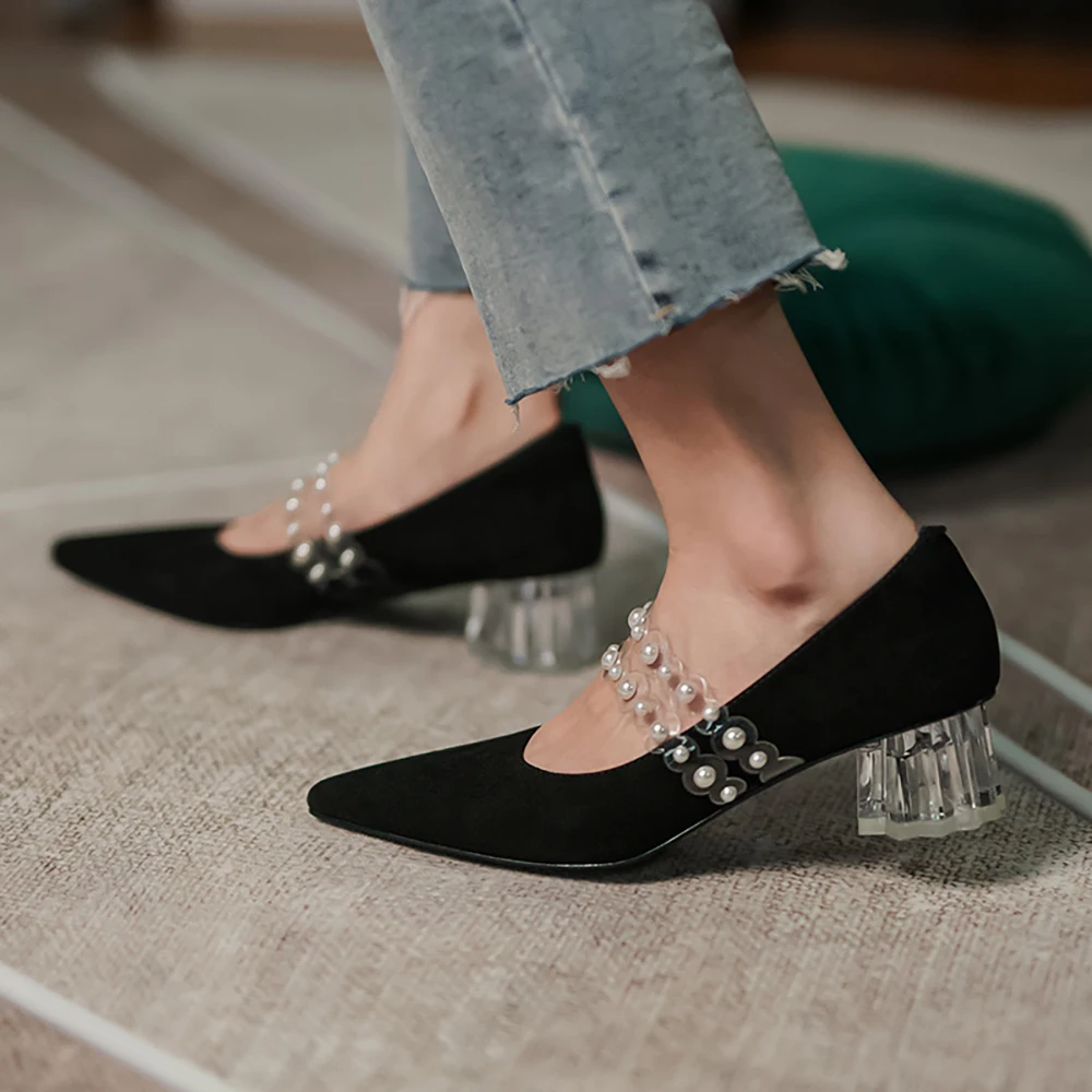 

ISNOM Women's Mary Janes Pump Retro Pointed Toe Suede Slip On Shoes Crystal Thick Med Heels Pearl Decoration Chunky Heels 2021