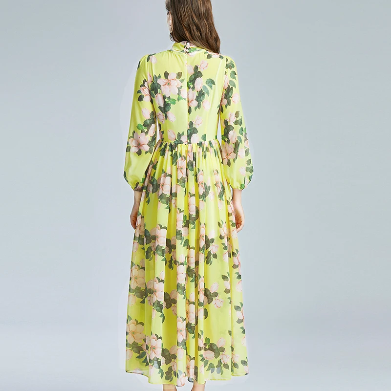 

COIGARSAM Chiffon Women Long dress Spring Summer Bow Lantern Sleeve High Waist Dresses Yellow 3511