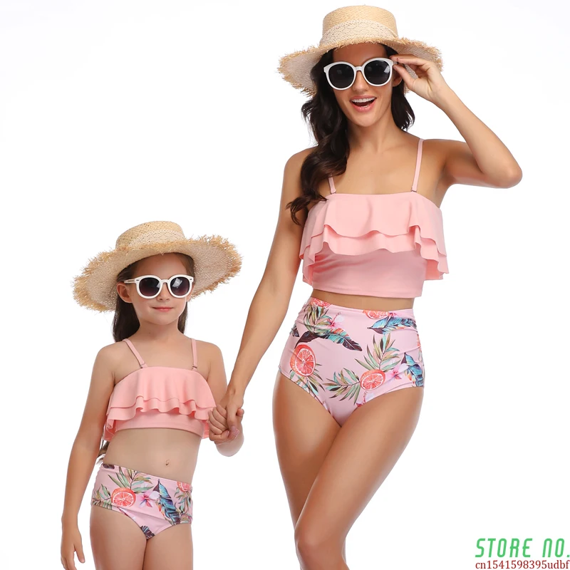 

Flounce Strap Mother Daughter Swimwear Women And Girl Family Swimsuit Two-piece Matching Bathing Suit Mum Girl High Waist Bikini