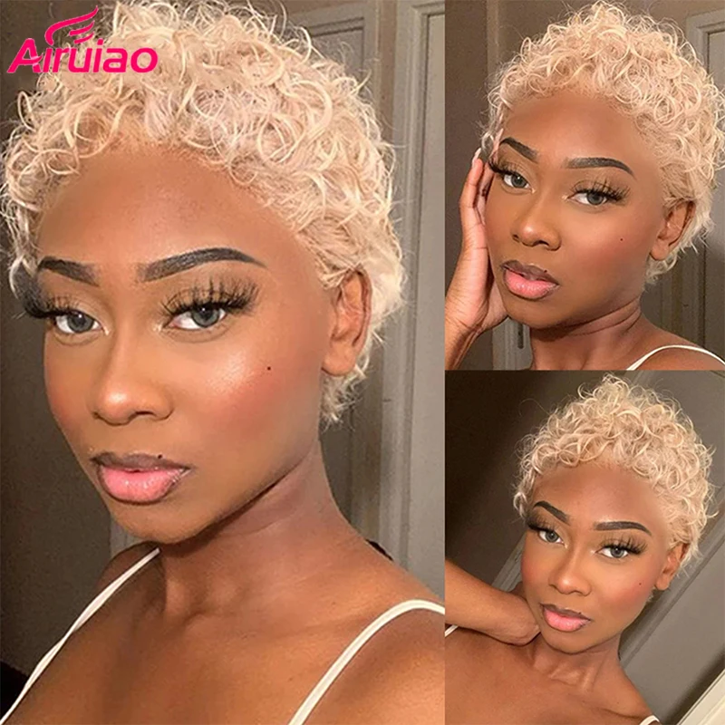 

613 парик блонд Pixe с кудрявыми волосами с застежкой 4x4, короткие бразильские человеческие волосы с волнистой кружевной отделкой, парики для ж...