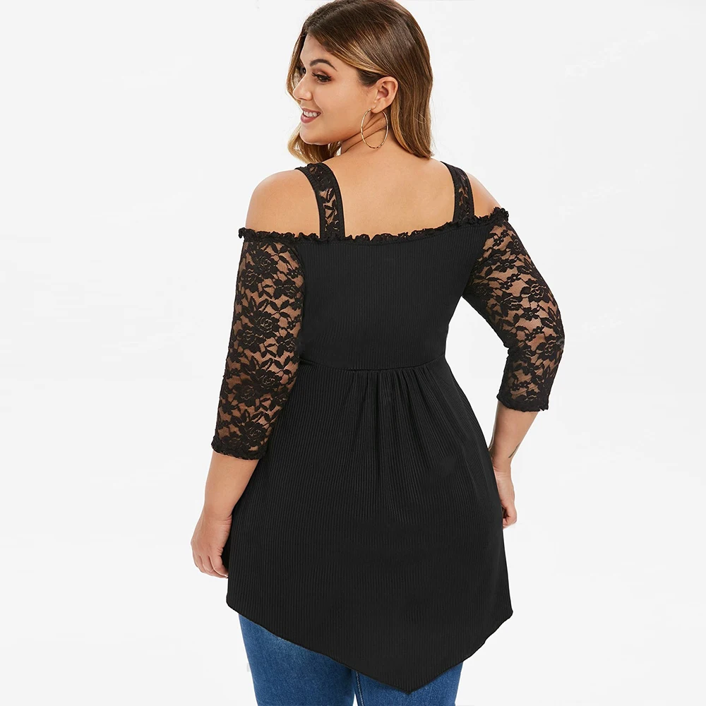

L-6XL Plus Size Office Lace Shirt Tshirt For Women Spring Summer Ladies New Tops Loose Shirts Elegant O-Neck T Shirt Femme D30