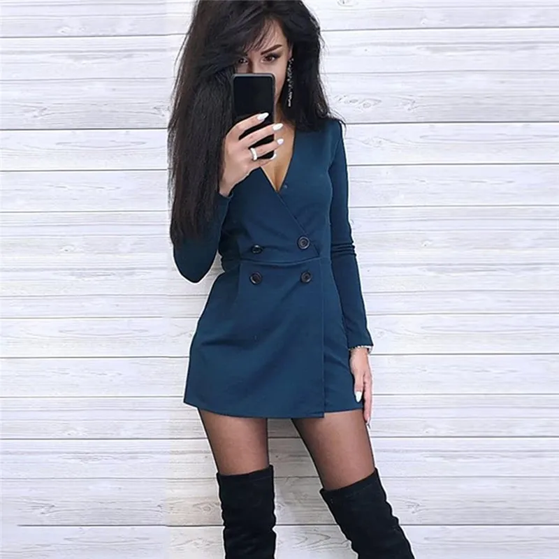 

Chic Women Playsuits Solid Color Long Sleeve V Neck Double-breasted Short Playsuit Jumpsuit Women's Playsuits
