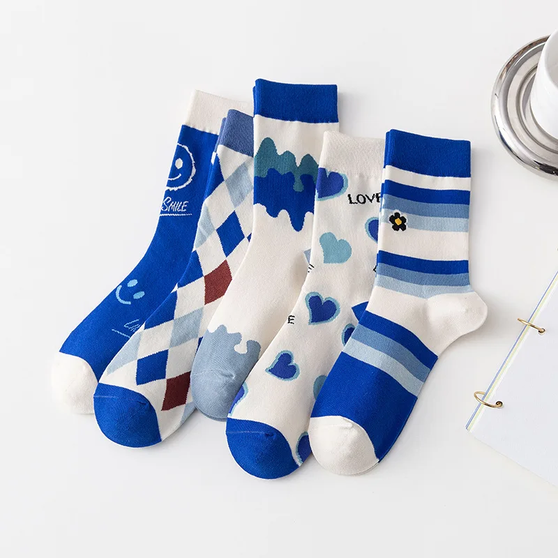 

Sweet Klein Blue Socks Women Heart Flower Cotton Socks Female Fashion Long Socks Unisex Street Casual Sports Calcetine mujer