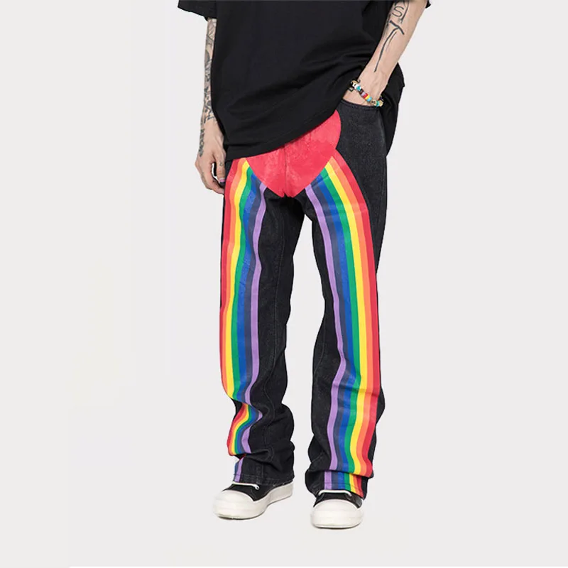 

Уличная одежда в стиле хип-хоп, в форме сердца, с радужным принтом, Свободные повседневные женские и мужские джинсовые брюки для танцев