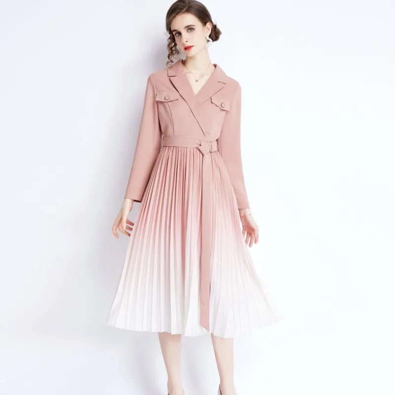 

Women Autumn Fashion OL Notched Collar Blazer Dress 2021 Elegant Pink Patchwork Casual Sashes Gradient Pleated Dresses