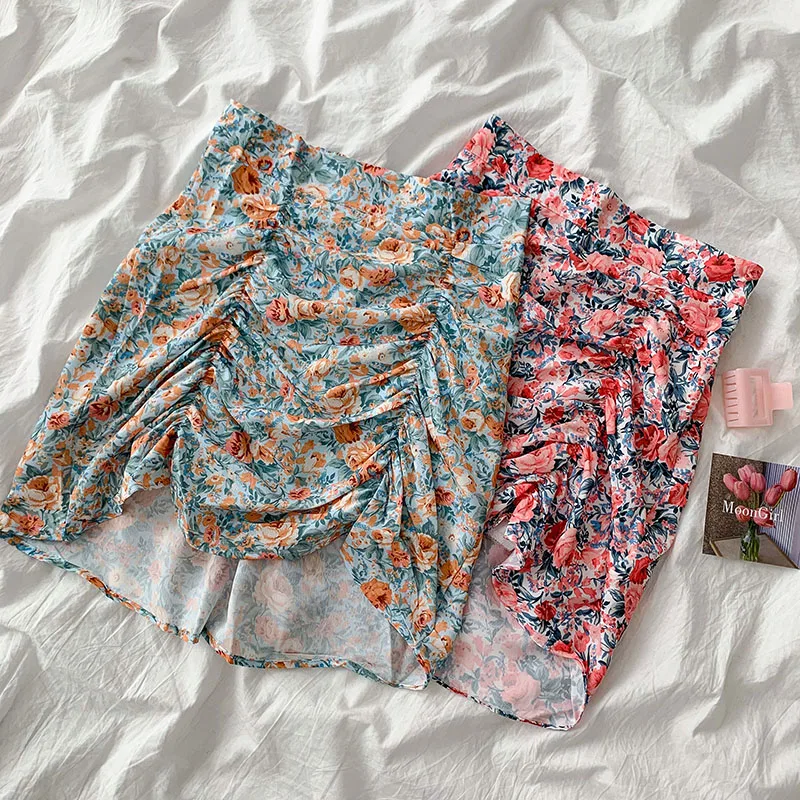 

Spring and autumn new Korean style loose women's floral a-line high waist bag hip skirt