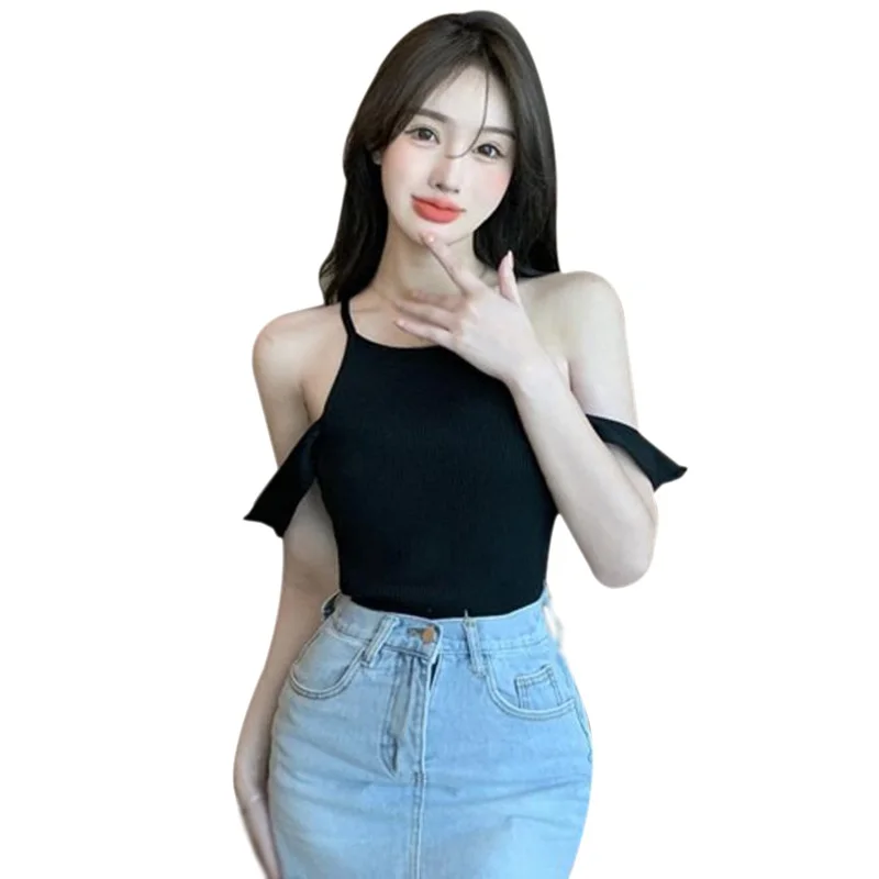 

Women Solid Color Strapless Slim Vest Summer Tanks Sweet Knitted Camisole Crop Top Streetwear