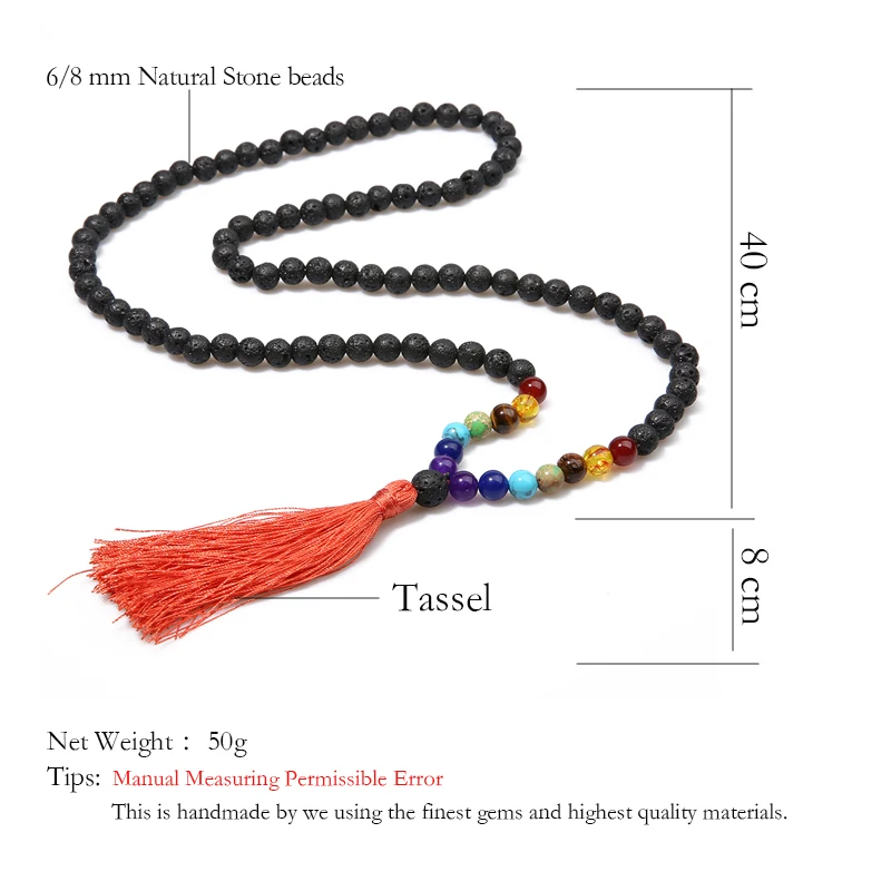 

OAIITE 7 Chakra Lave Rock Bead Necklace Natural Stone Prayer Buddha Head Tassel Pendant Necklace for Women Men