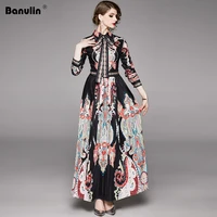 banulin runway maxi dress womne 2020 spring autumn long sleeve vintage print high waist a line bing swing long pleated dress