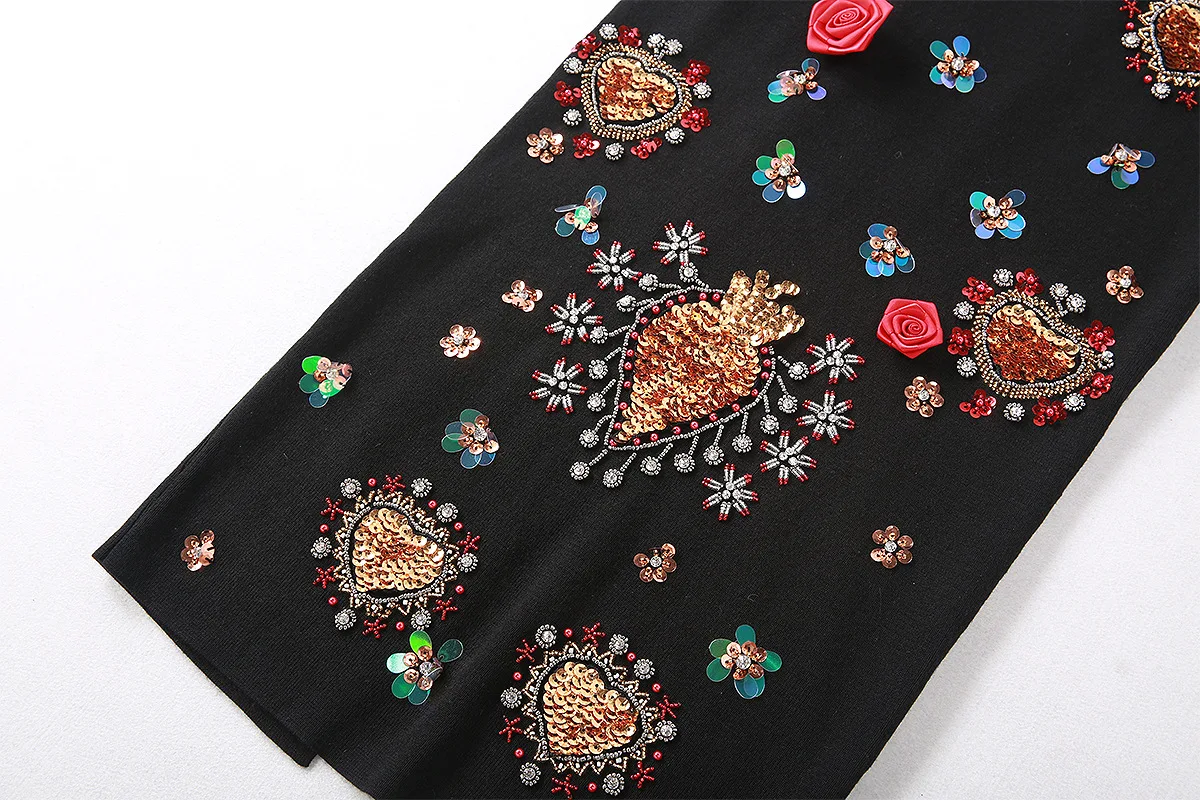 MIUXIMAO/роскошное осеннее платье для подиума, с коротким рукавом, с блестками, бриллиантами, с аппликацией в виде цветка, черное винтажное тонкое платье для женщин, Vestido