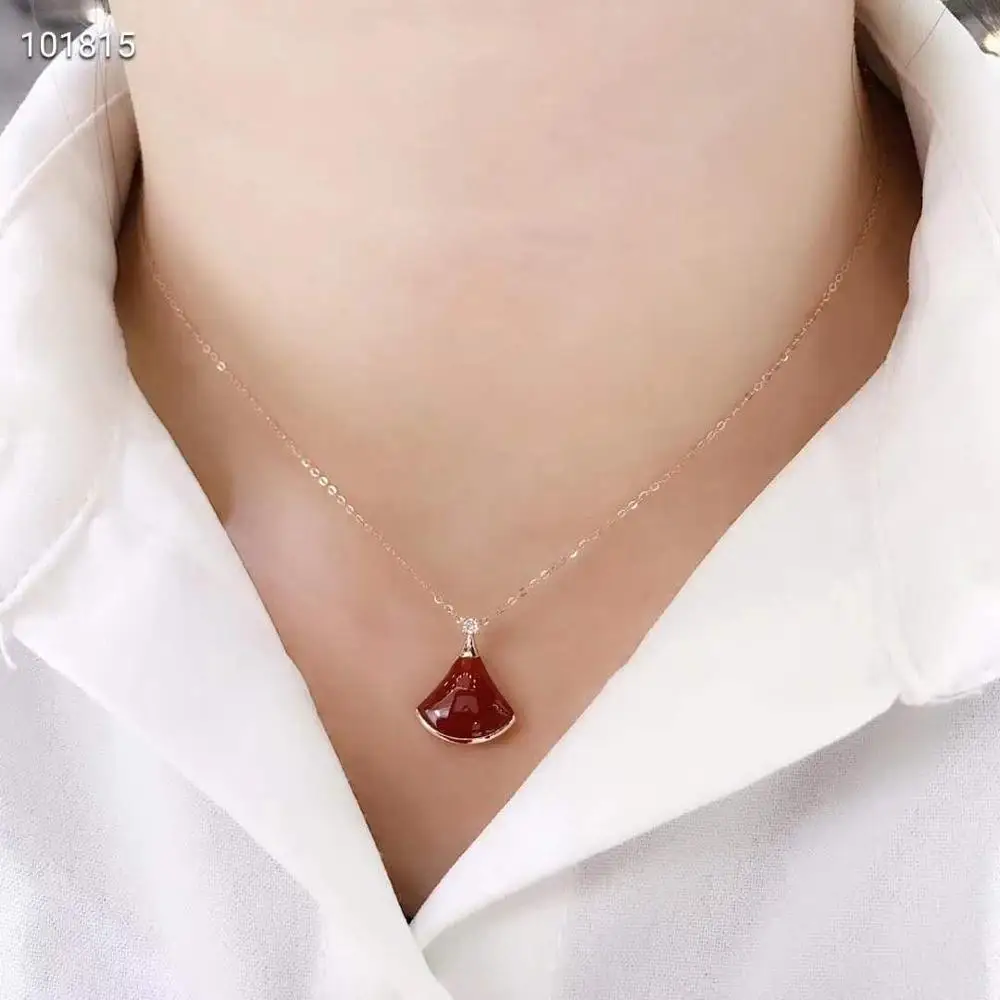 18K Rose Gold Real Diamond Women Pendant Necklaces Skirt Fan Red Agate Wedding Party Engagement Anniversary Birthday | Украшения и