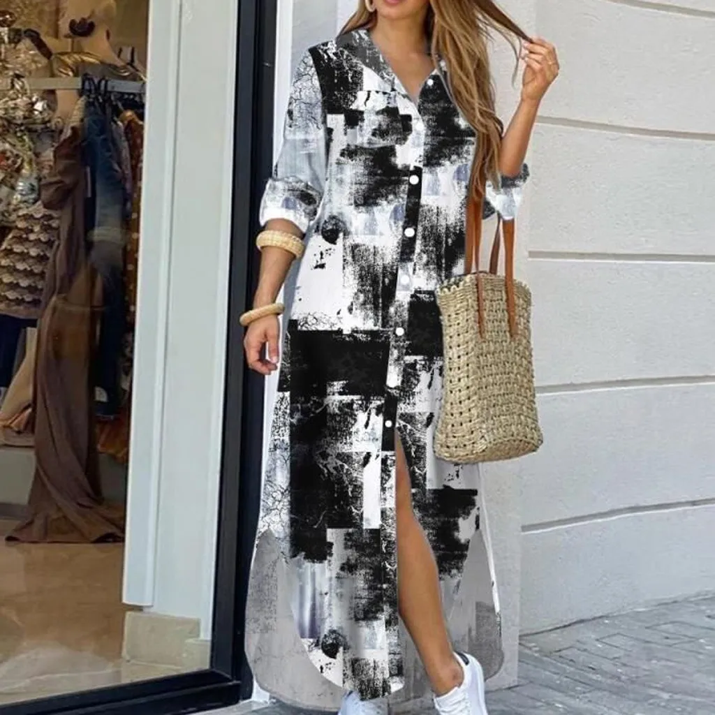 Fashion Women's Long Sleeve Loose Casual Dress with Pocket Button Shirt Print - Sexy and Stylish Vestido Largo image 3