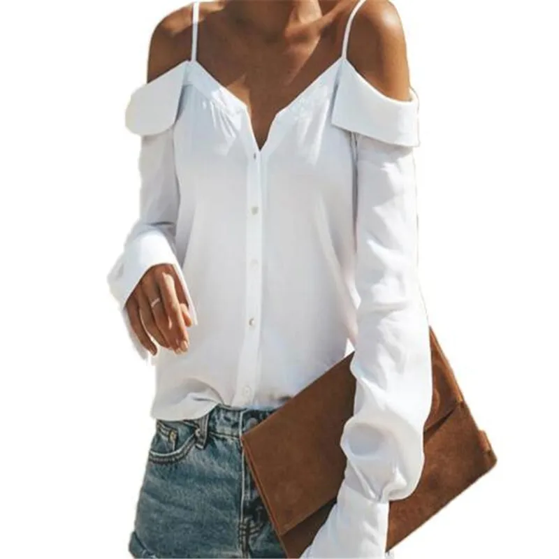 

Sexy Solid Blouse Women Autumn Long Sleeved Shirts Tops Fashion Off Shoulder Button Blouses Strapless Slash Neck Blouse Clothes
