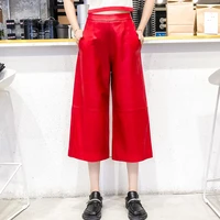 spring womens genuine leather wide leg pants hot fashion sheepskin leather cropped pants c556
